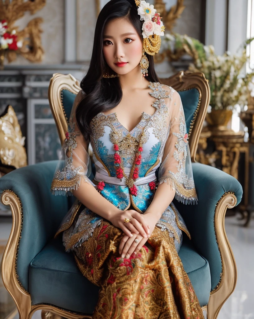 a close up of a woman sitting on a chair wearing a dress, wearing an ornate outfit, traditional beauty, sukhothai costume, traditional dress, royal elegant pose, wearing ornate clothing, barong family member, idian dress, ornate attire, ornately dressed, traditional clothes, in style of lam manh, south east asian with long, indonesia
