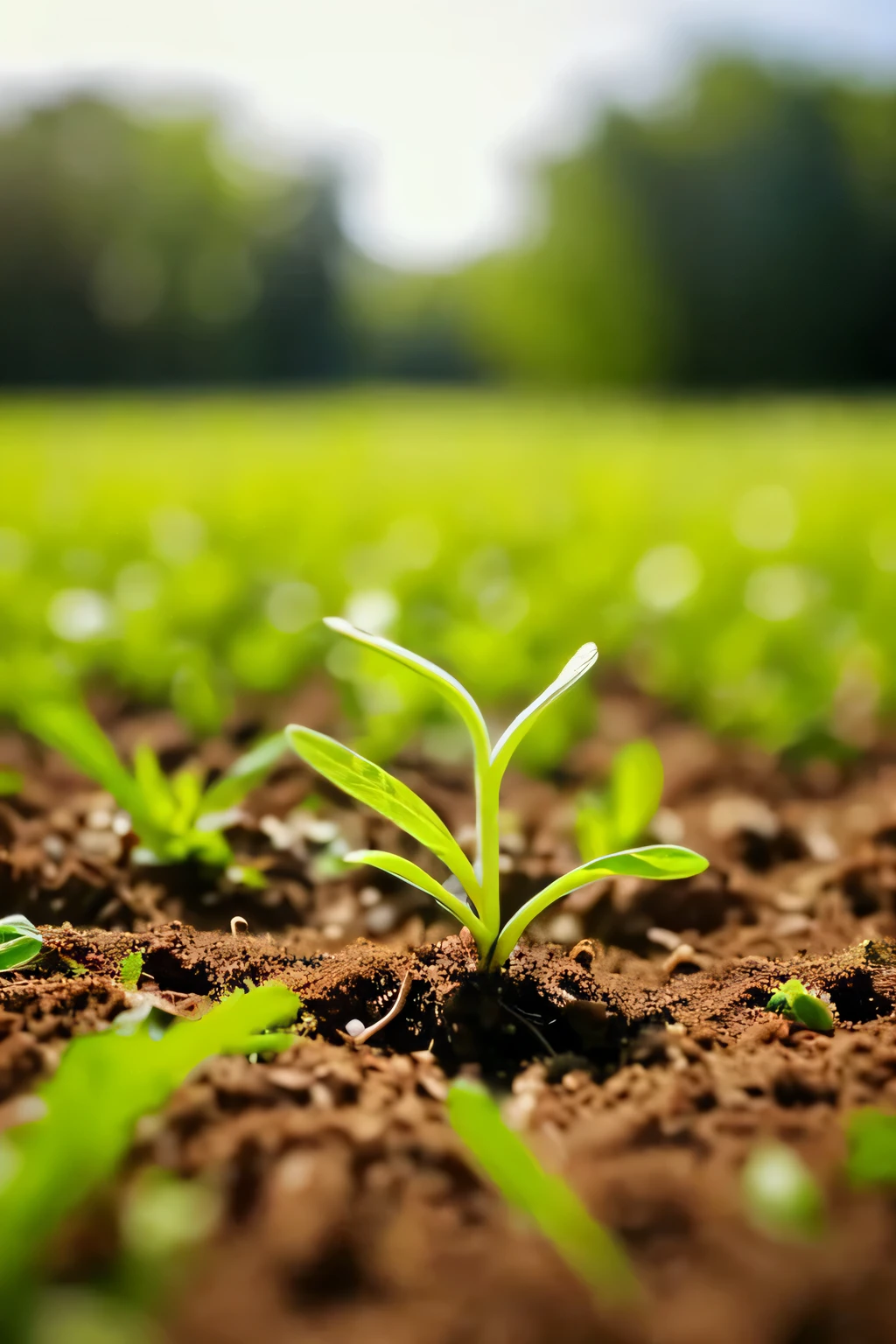 A photo of the moment when plants sprout in a field in spring　Baby plant character crawling out of the soil looking at the camera　pixer style
