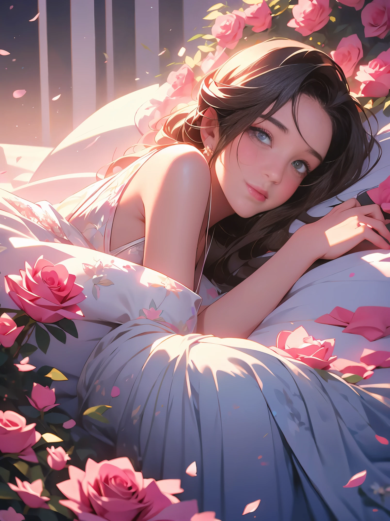 there is a woman laying on a bed of pink roses, laying on roses,  cgsociety, girl in a bed of flowers, woman in flowers, wlop and ross tran, with frozen flowers around her, roses in her hair, made of flowers, wrapped in flowers, beautiful digital artwork, ross tran and wlop, the girl made out of flowers,--ar 9:16 --stylize 950 --v 6.0