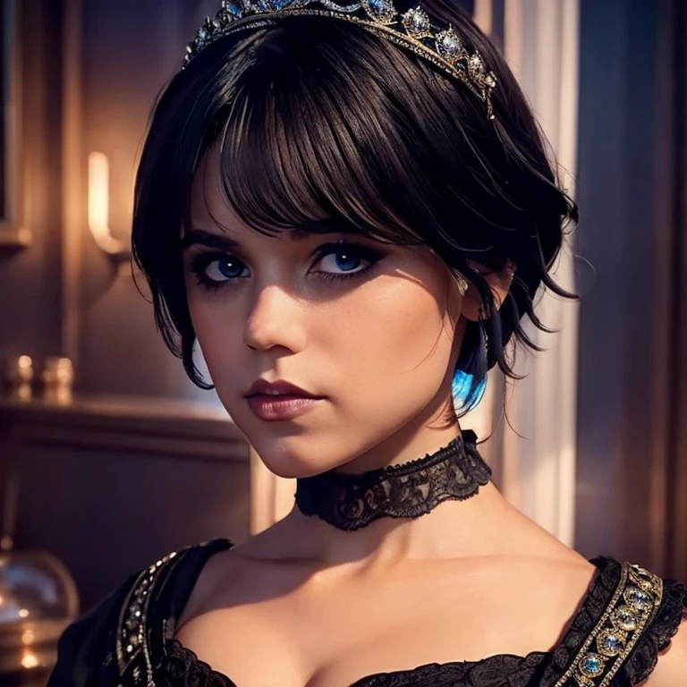  gothic makeup short hair bob style thick and voluminous lips perfect detailed blue eyes pale skin hands on jaw long nails painted black perfect detailed polish seductive and perverted look 