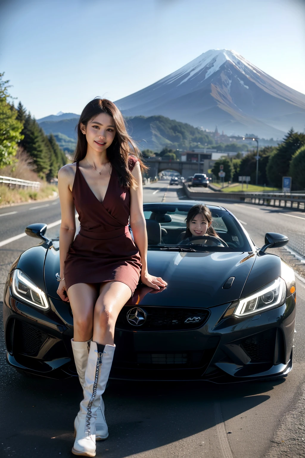 ((best quality)), ((masterpiece)), (detailed), perfect face，3 beauties，On the road，high boots，Exquisite face，Smile，mount fuji background，sports car，sling