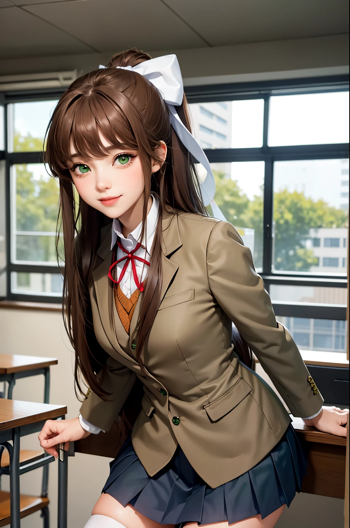 (masterpiece), best quality, expressive eyes, perfect face, highres, 1 girl, solo, ddlcmonika, blunt bangs, brown hair, (green eyes:1.5), long hair, ponytail, ribbon, white ribbon, hair ribbon, sidelocks, black thighhighs, blue skirt, brown jacket, jacket, long sleeves, mary janes, over-kneehighs, pleated skirt, school uniform, shoes, skirt, thighhighs, zettai ryouiki, smiling, indoors, classroom background, (leaning forward:1.2), hands on table, standing, upper body portrait, looking at the viewer