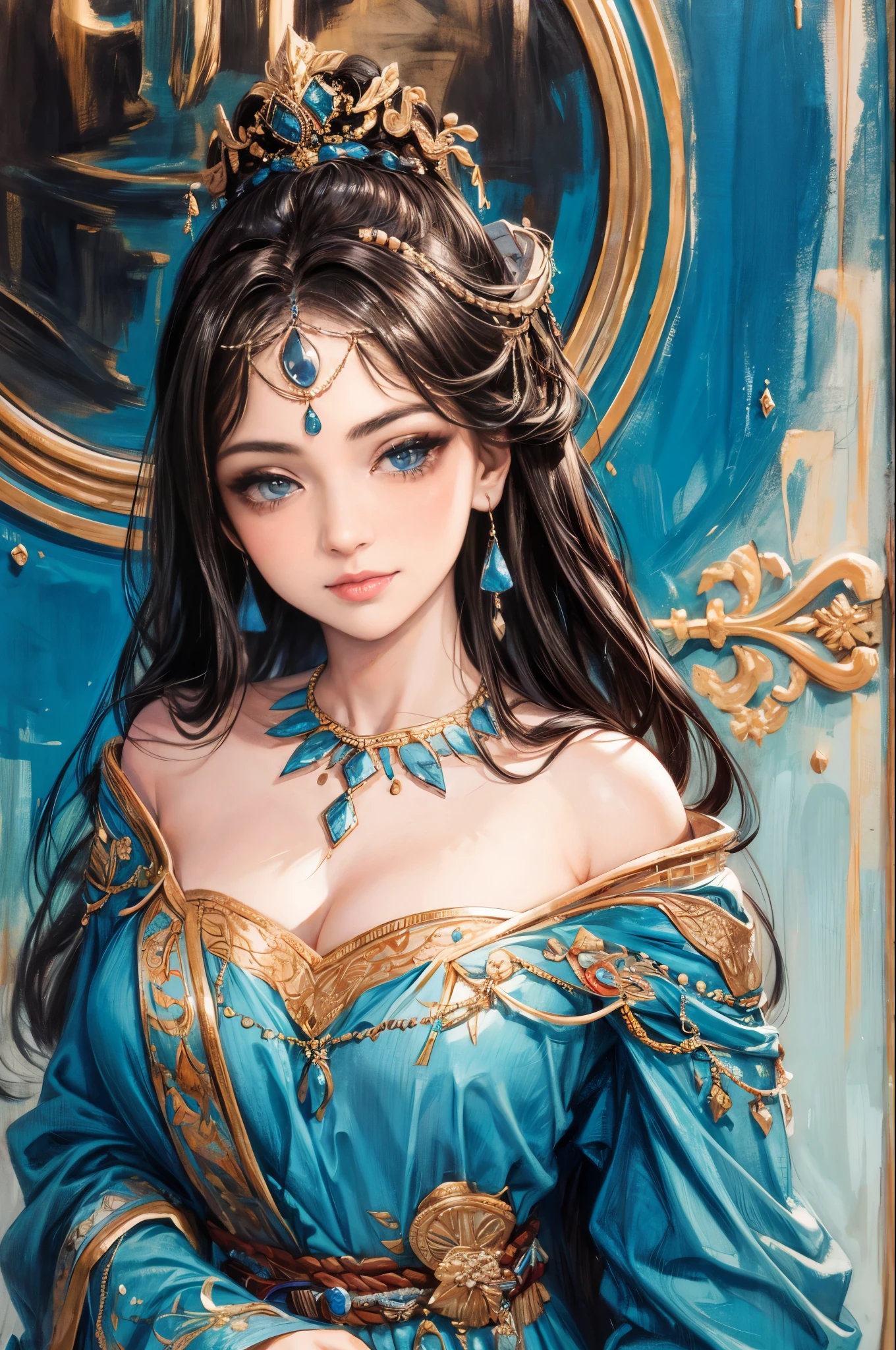 (best quality,4k,8k,highres,masterpiece:1.2), ultra-detailed, realistic:1.37, portraits, vivid colors, studio lighting, sharp focus, physically-based rendering, beautiful detailed eyes, beautiful detailed lips, Persian princess, smiling, royal blue attire, off-the-shoulder, heavy makeup, jewelry, Impressionist, abstract, (oil painting, dry brushstroke), negative space