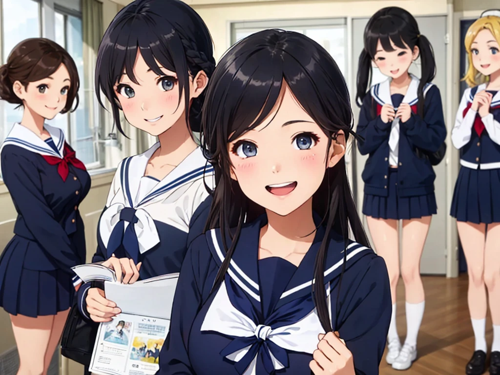 highest quality、High resolution、High definition、Beautiful teenage girl、Four women,(navy blue sailor uniform),(navy sailor color)、cute hairstyle,perfect skin,huge breasts、Look at me happily、smiling、laughing、sexual expression、Upper body、Cute colored school cardigan