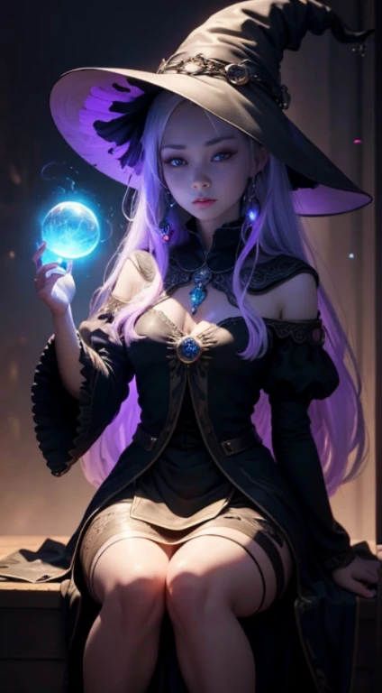 One girl is 20 years old, Witch with neon lights in her hands, Otherworldly theme with fantasy and ethereal fantasy, Bright core with lots of magic orb backgrounds, Fantastic realism, best quality, of highest quality, 8K, Nothing ridiculous, High quality epic, very detailed, super detailed skin, amazingly detailed, surreal, very high resolution, Ultra Photorealista,The atmosphere is white and mysterious,fortune teller,Facing the front0sitting at an angle of ℃,There is a mysterious crystal on the desk and I am holding my hand over it.,talking face to face,A mysterious aura that captivates everyone who sees it.,upper body only