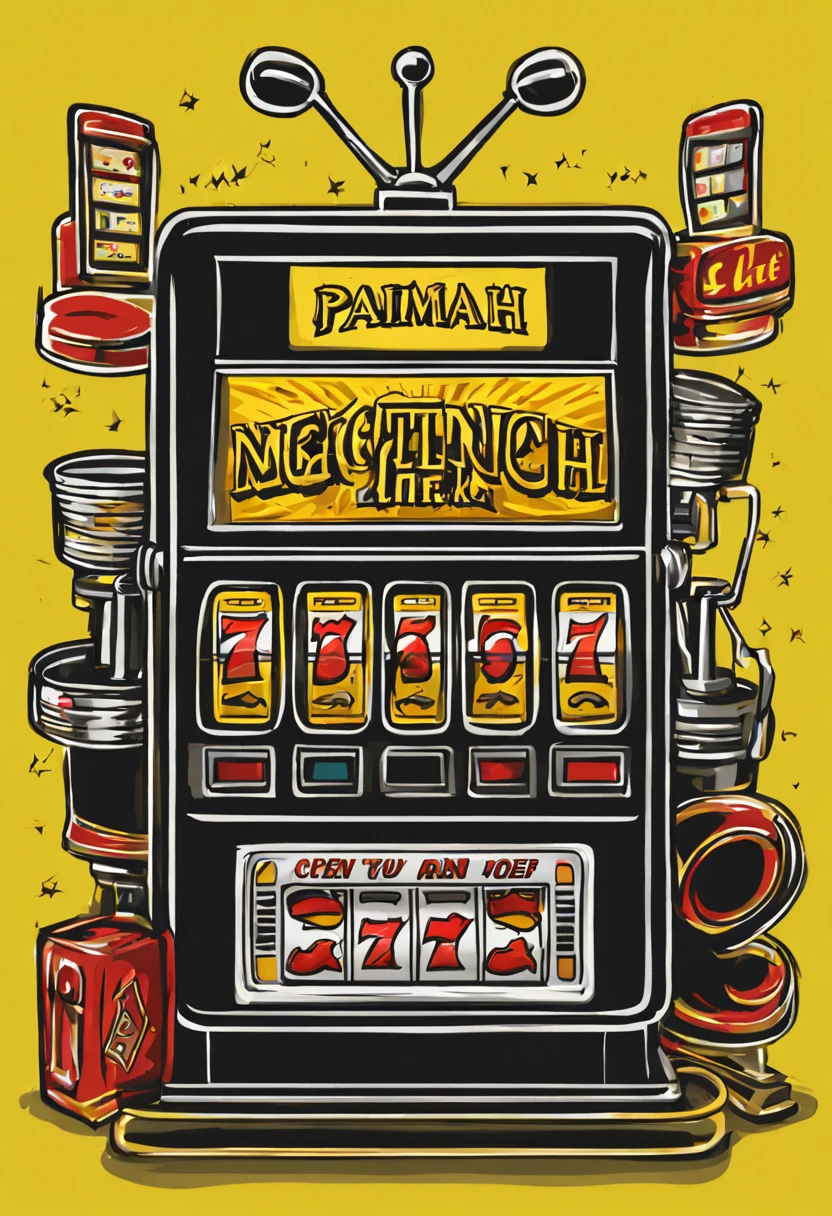 draw a realistic picture with the inscription in the center in a bright yellow font and a black outline Parimatch and the background with slot machines