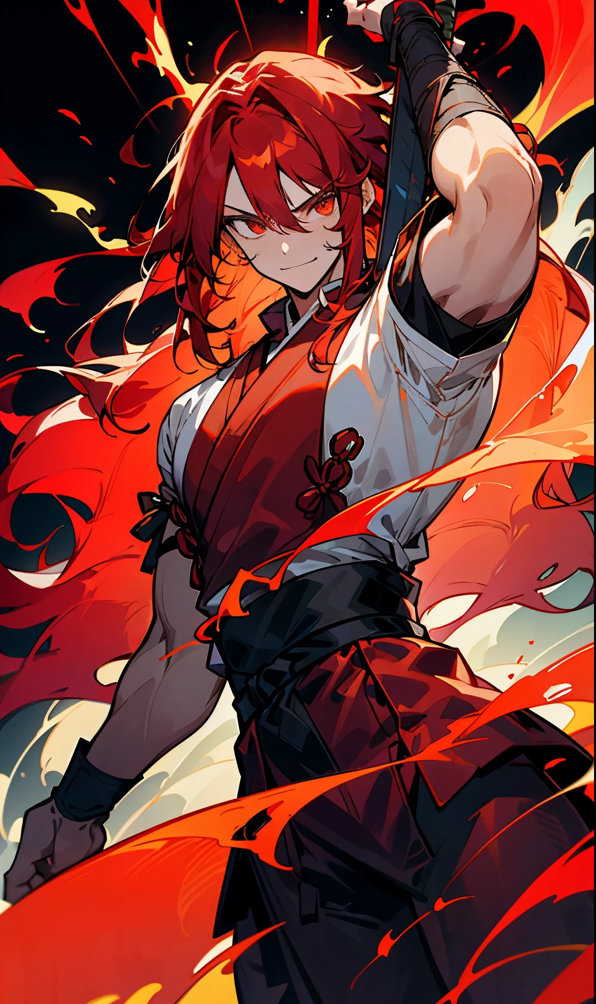 Man with big and long red hair wearing a red haori with black arm muscles showing huge holding a sword with a smiling and calm expression on his face with a thin but strong body,seu cabelo pegando em chamas e seus olhos totalmente dourado,along with flames around him and an expression of anger and calm