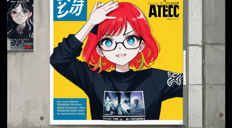 (((dramatic))), (((intense)))) The movie poster features as the central character. She is shy in the center of the poster, ワンピース clothing, Hair is blue、Wear glasses、double teeth、The smile and the determined look on her face. The background is dark and ザラザラした, Feeling of drunkenness. The article is bold and eye-catching, with catchy slogans that add to the overall drama and excitement. The color palette is dominated by bright colors, Dotted with dark colors, giving the poster a dynamic and visual impact, tachi-e (magazine:1.3), (cover-style:1.3), fashionable, vibrant, clothing, take a pose, front, colorful, dynamic, background, element, With confidence, expressive, holding, statement, attachment, majestic, around it, touch, scene, article, cover, bold, eye-catching, title, fashion, Font, catchy, title, bigger, eye-catching, exotic, trend, concentrated, stylish, 1 girl、