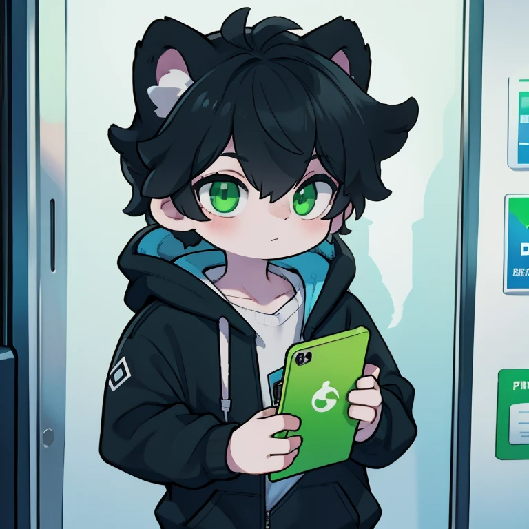 Anthropomorphic Skunk boy in a elevator looking down at his phone. He has green eyes and he wears a black hoodie.