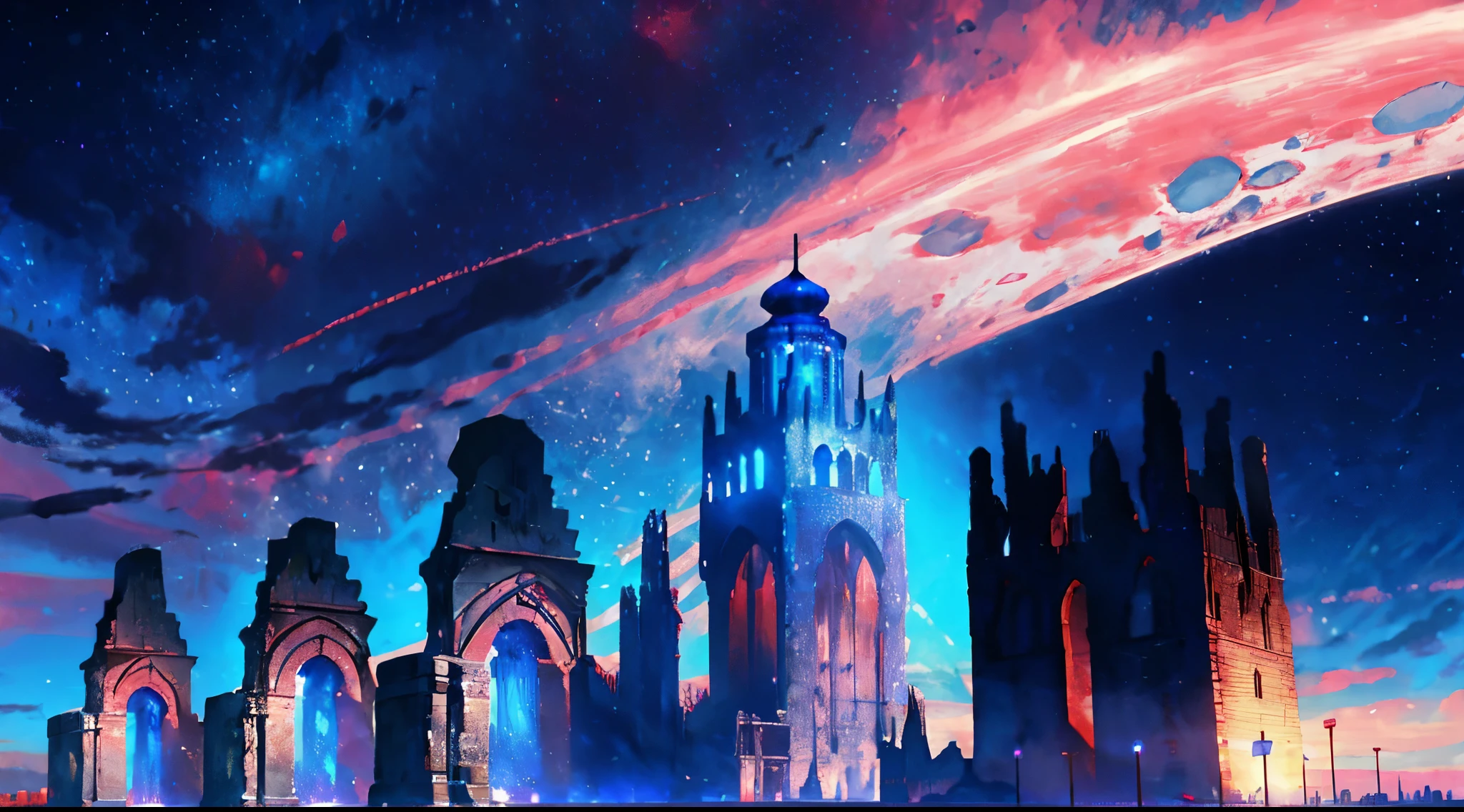 towers of god, blue towers, violet, blue, red, god, red sky, violet sky, starry sky, stars, starry towers, starry god, light blue, civilization, order