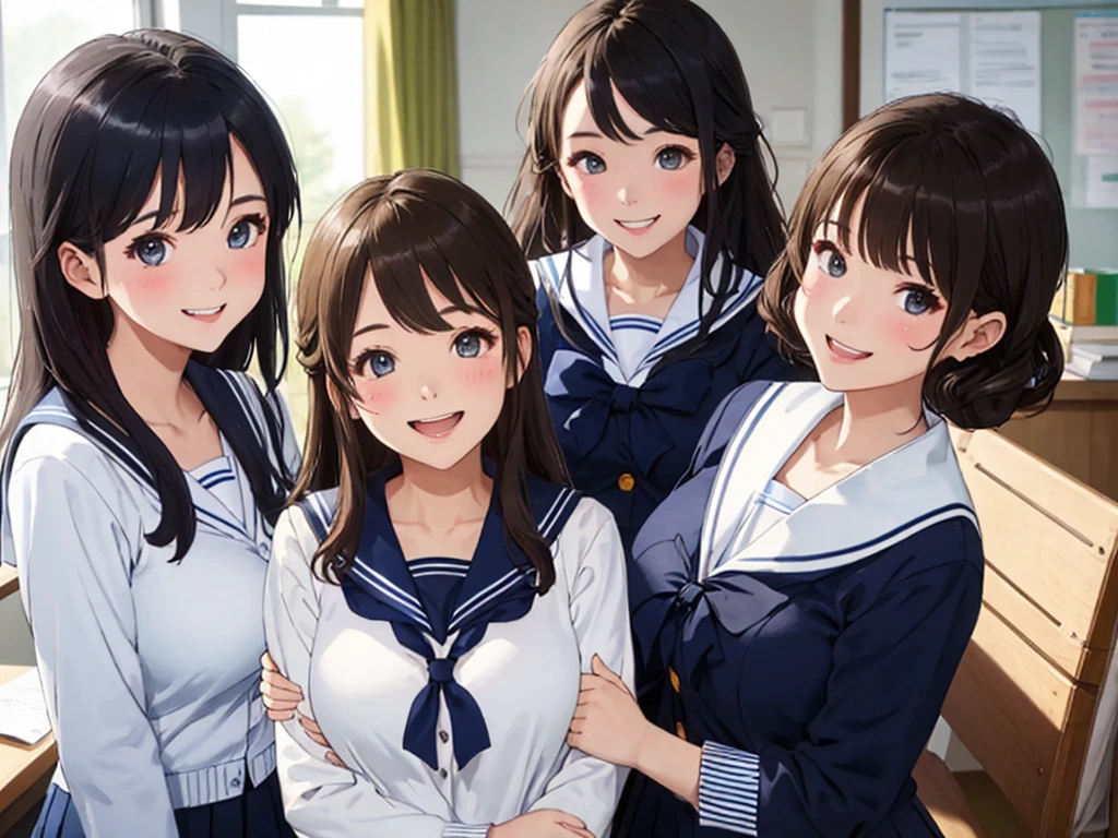 highest quality、High resolution、High definition、Beautiful teenage girl、Four women,(navy blue sailor uniform),(white sailor collar)、cute hairstyle,perfect skin,huge breasts、Look at me happily、smiling、laughing、sexual expression、Upper body、Cute colored school cardigan