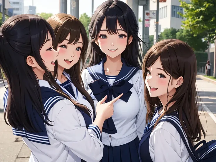 highest quality、high resolution、high definition、beautiful teenage girl、four women,(navy blue sailor uniform),(white sailor colla...