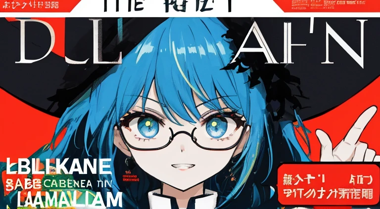 (((dramatic))), (((intense)))) The movie poster features as the central character. She is shy in the center of the poster, ワンピース clothing, Hair is blue、Wear glasses、double teeth、The smile and the determined look on her face. The background is dark and ザラザラした, Feeling of drunkenness. The article is bold and eye-catching, with catchy slogans that add to the overall drama and excitement. The color palette is dominated by bright colors, Dotted with dark colors, giving the poster a dynamic and visual impact, tachi-e (magazine:1.3), (cover-style:1.3), fashionable, vibrant, clothing, take a pose, front, colorful, dynamic, background, element, With confidence, expressive, holding, statement, attachment, majestic, around it, touch, scene, article, cover, bold, eye-catching, title, fashion, Font, catchy, title, bigger, eye-catching, exotic, trend, concentrated, stylish, 1 girl、