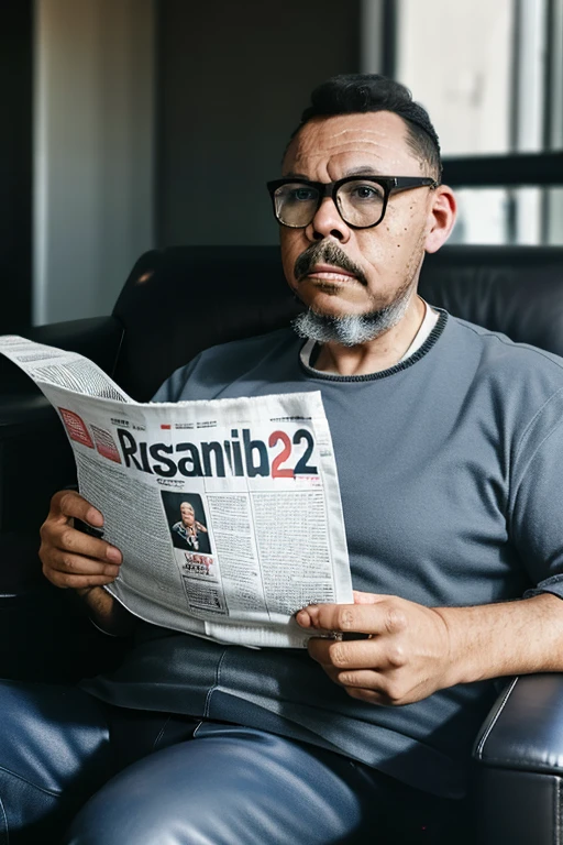 gutto2024lora, a man sitting comfortably in a leather armchair, reading newspaper, cinematic lighting, depth of field, bokeh, realism, photorealistic, hyperrealism, professional photography, uhd, dslr, hdr