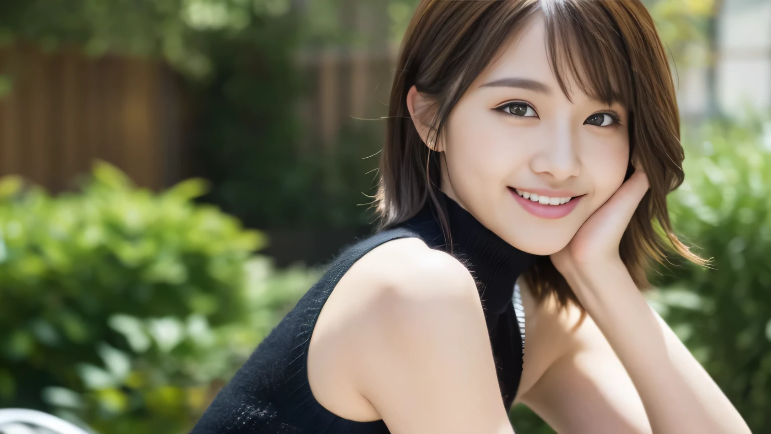 pieces fly、highest quality、figure、 Super detailed、High resolution、8K画wallpaper、完璧なダイナミックな構figure,、beautiful and fine eyes、medium hair、(beautiful big breasts:1.3)、natural color lip、bold sexy pose、shy smile、harajuku style、20 year old girl、cute type、sexy shot looking at camera、(highest quality: 1.3), (masterpiece: 1.3), (Super detailed: 1.3), (wallpaper, one girl: 1.1)、(delicate hands and fingers:1.2)、(Detailed super oily shiny skin:1.1)、Oily and shiny thighs、(Perfect beautiful black sleeveless high neck knit top:1.4)、denim shorts、brown hair、short hair、bouncing hair、beautiful sister、(garden:1.2)、(beautiful big breasts:1.2) 、((On my back)),raised his arms