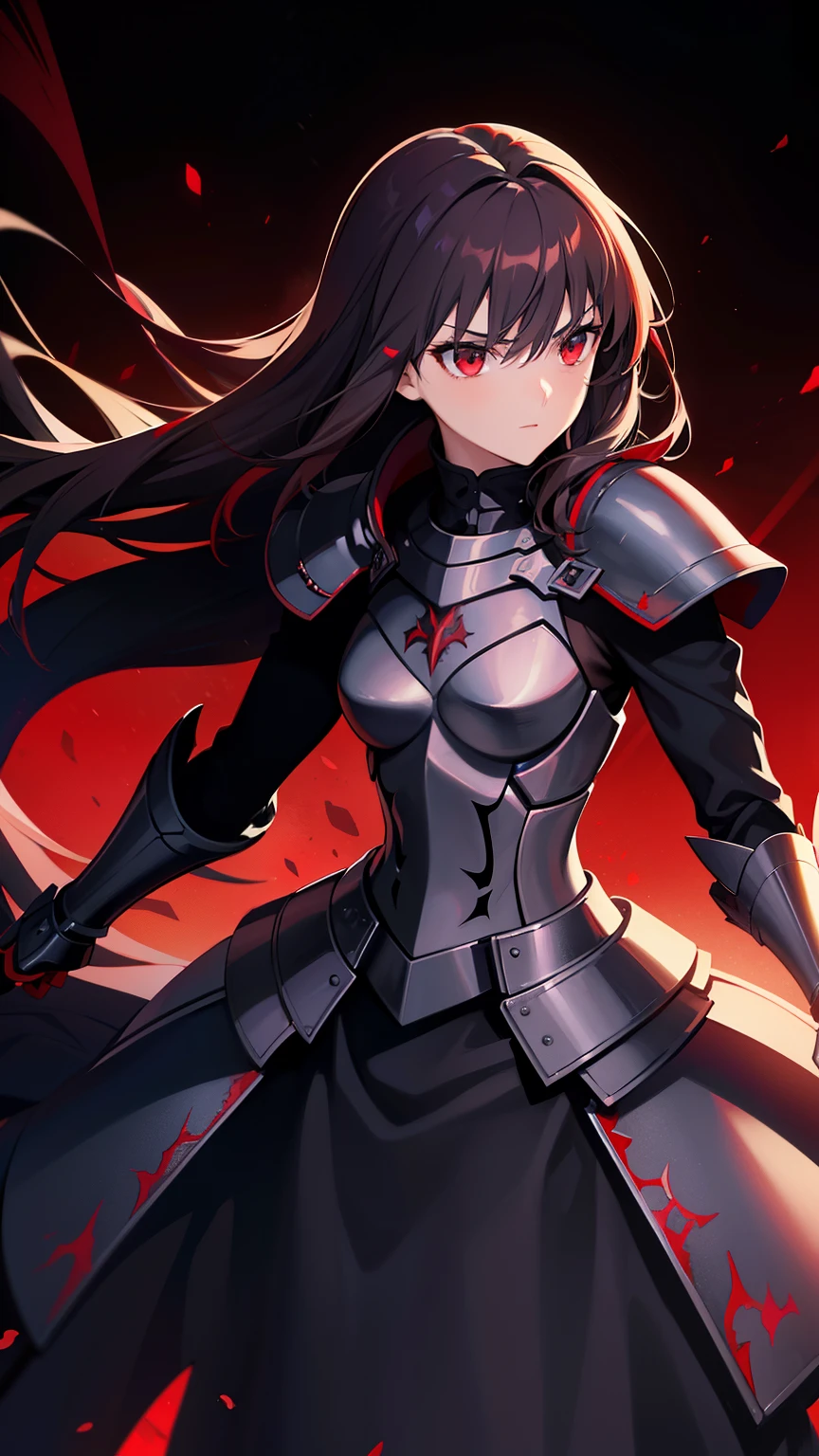 (high-quality, breathtaking),(expressive eyes, perfect face) 1female, girl , solo, young adult, long hair length, wavy curly hair, soft wave, black hair color, red highlights in hair, deep red eye color, background, music, serious expression, haunting red background, armor, onyx black armor with red trim, midnight dark armor with red cracks engraved in the exterior, saber alter, alter saber fate stay night, corrupted theme, corrupted armor, red lines on armor, conquerer vibe
