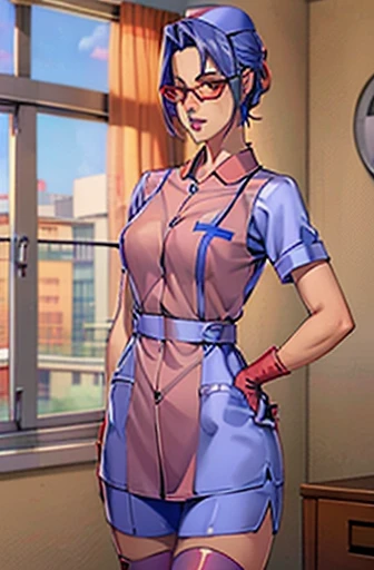 2women, nurse, nurse cap, red wear, ((red legwear, zettai ryouiki)), black gloves, glasses, blue hair, orange eyes, pink lips, standing, ((hospital room)), sharp outline, short sleeves, mature female, 35 years old, best quality, masterpiece