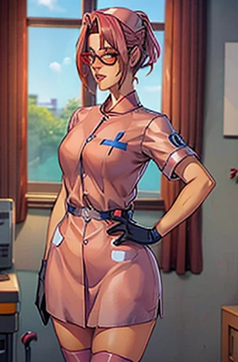 2women, nurse, nurse cap, red wear, ((red legwear, zettai ryouiki)), black gloves, glasses, blue hair, orange eyes, pink lips, standing, ((hospital room)), sharp outline, short sleeves, mature female, 35 years old, best quality, masterpiece