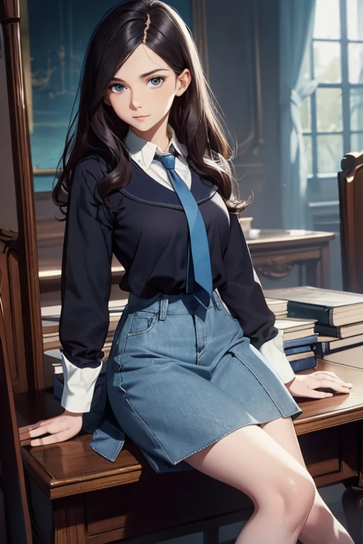 Elizabeth Barrett Browning in her early 20s, white buttoned shirt, blue necktie, elegant blue denim skirt, opaque black tights, black ankle boots, beautiful long legs