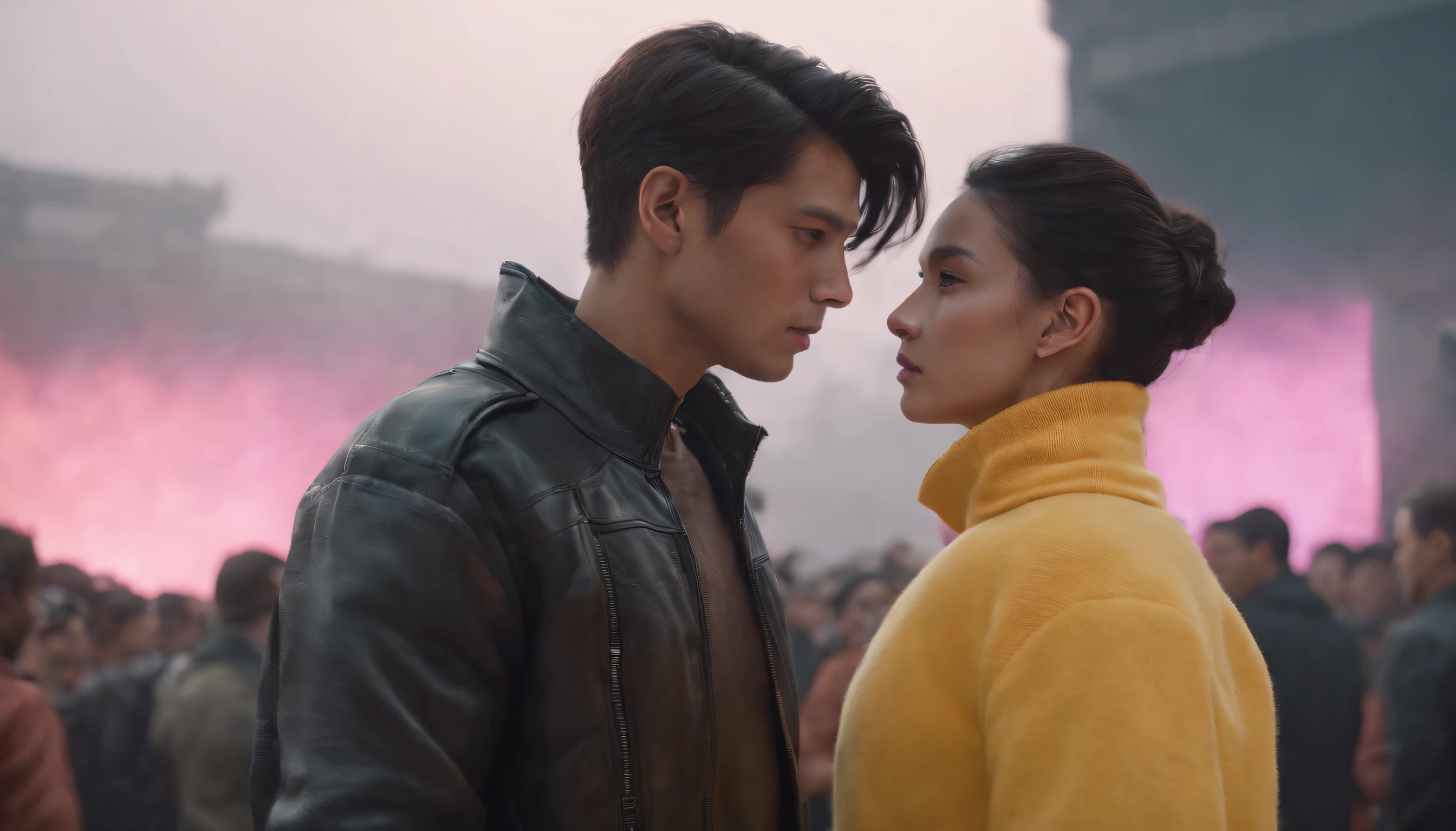 RAW, Masterpiece, Super Fine Photo, Ultra High Resolution, Photorealistic, Full Body Portrait, latino hispanic young man wearing, black pants and yellow sweater, black hair, cyberpunk hairstyle, stands on stage in front of a crowd speaking to the audience, cybernetically enhanced, pigeoncore, neo-dadaist, mechanized precision, in the style of mecha sci-fi anime, 8k, best quality, highres,Ultra-realistic 64K CG, Photorealista:1.4, Skin Texture:1.4, Volumetric fog, 8k uhd, dslr, high quality, film grain, pink light emits from tv in background, photorealism, lomography, translucent