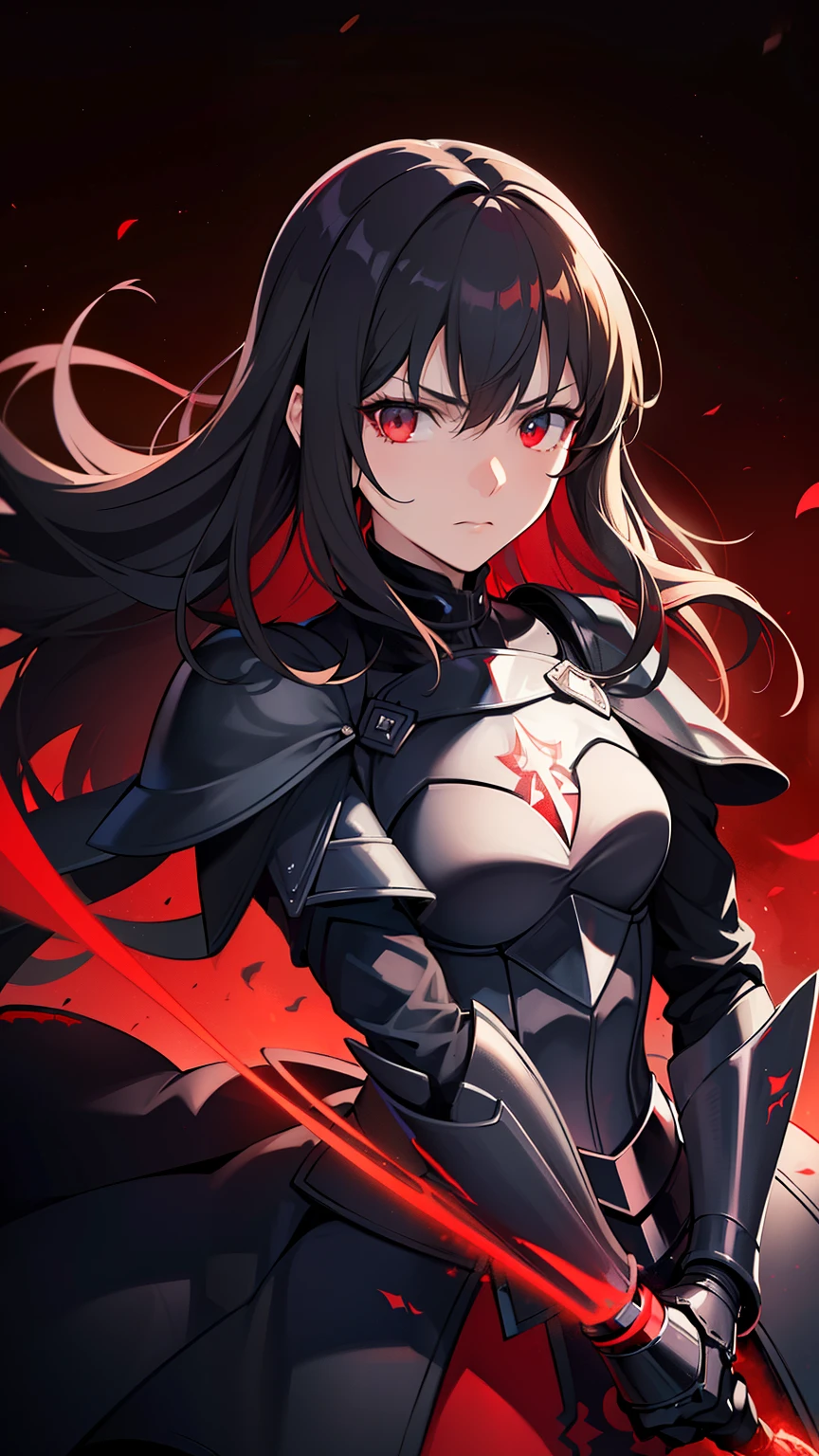 (high-quality, breathtaking),(expressive eyes, perfect face) 1female, girl , solo, young adult, long hair length, wavy curly hair, soft wave, black hair color, red highlights in hair, deep red eye color, background, music, serious expression, haunting red background, armor, onyx black armor with red trim, midnight dark armor with red cracks engraved in the exterior, saber alter, alter saber fate stay night, corrupted theme, corrupted armor, red lines on armor, conquerer vibe
