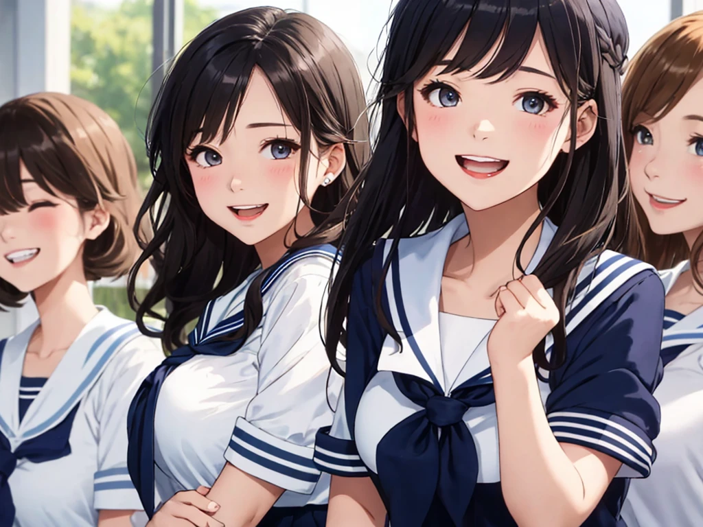 highest quality、High resolution、High definition、Beautiful teenage girl、Four women,(navy blue sailor uniform),(white sailor collar)、cute hairstyle,perfect skin,huge breasts、Look at me happily、smiling、laughing、sexual expression、Upper body