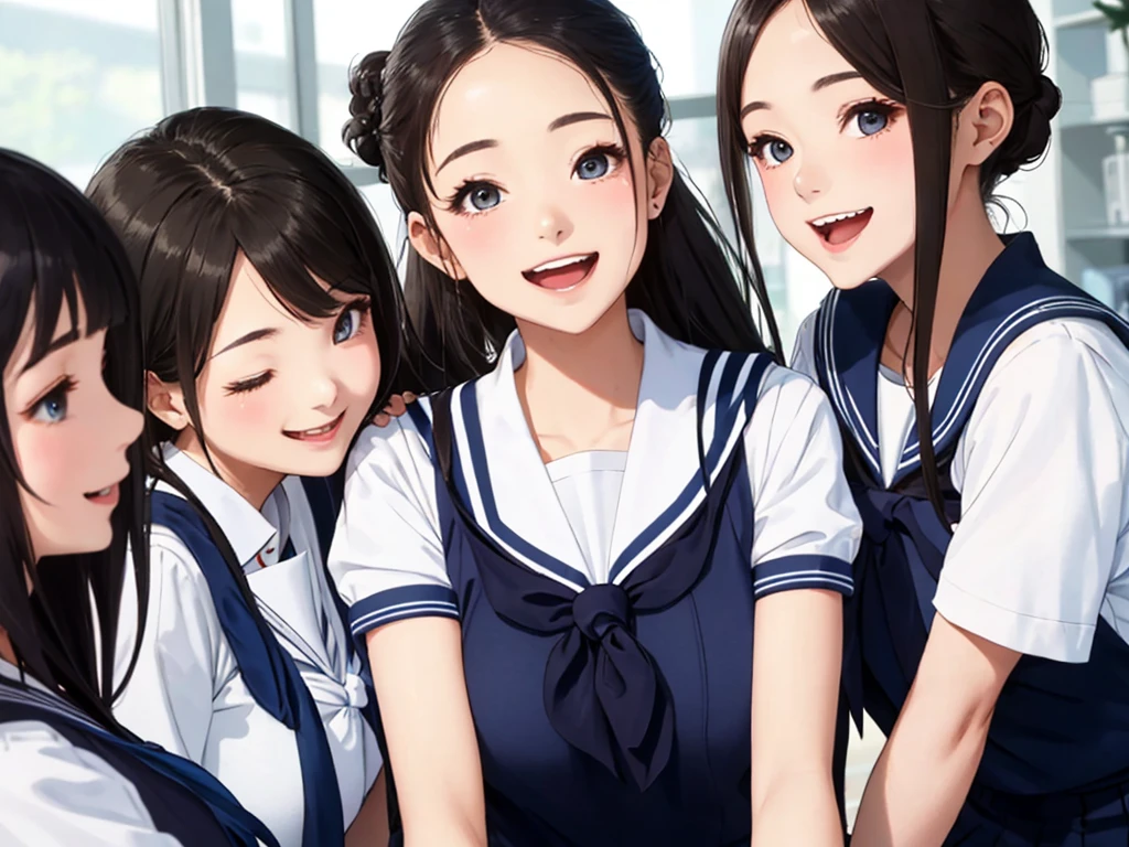 highest quality、High resolution、High definition、Beautiful teenage girl、Four women,(navy blue sailor uniform),(white sailor collar)、cute hairstyle,perfect skin,huge breasts、Look at me happily、smiling、laughing、sexual expression、Upper body