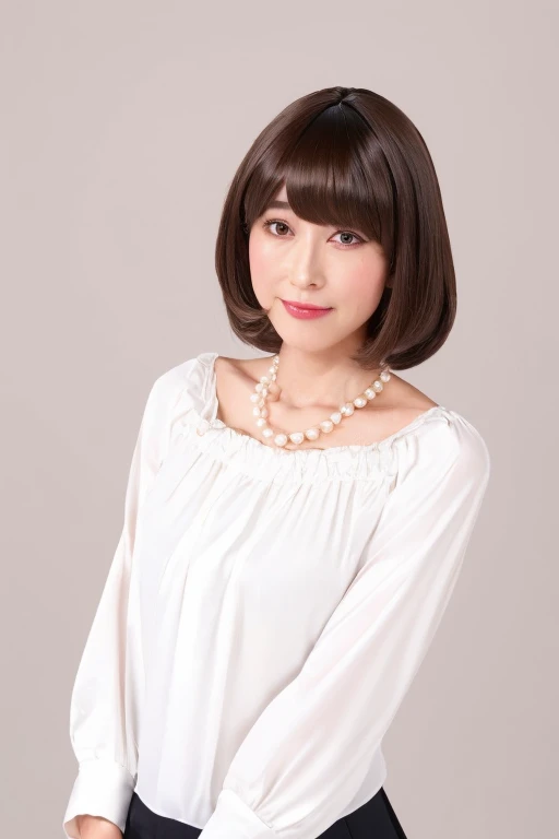 nsfw, Masseter muscle part, highest quality, masterpiece, High resolution, Photoreal, Raw photo, 8k wallpaper, perfection, professional lighting, very detailed, Depth of bounds written, femboy、fakegirl、otokonoko, crossdresser, beauty crosdresser. flatchest, poorchest, ((a beautiful man dressed as a woman)), , crossdressing salon、crossdressing salon、日本女性にしか見えないperfectioncross-dressing man, 40 years old、upper body naked、Heavy makeup、((Simple white blouse)), Black knee-length tight skirt、pearl necklace、muscular body, bangs, breasts without bulge at all、flat chest like a boy、She is wearing a light brown semi-long hair wig., faint lips, (arm between legs), small eyes、There is a throat Buddha、Actually a man、cross-dressing man、