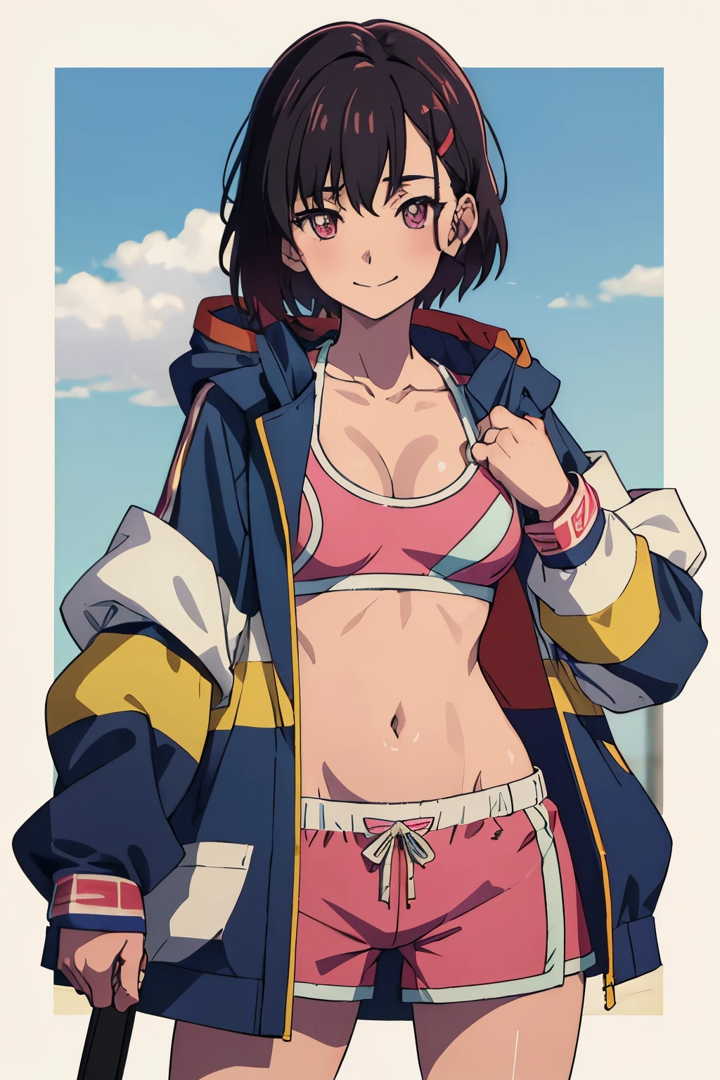 (((masterpiece))), Shizuka Mikazuki, 1 girl, alone, smile, blush, looking at the viewer, short hair, black hair, hair ornaments, belly button, cleavage, medium breasts, Are standing, clavicle, Jacket, whole body, open clothes, shoes, shorts, hair clip, abdomen, pink eyes, put your hand on your waist, short shorts, sneakers, play sports often, leggings, pink shorts,  (nice hands), woman Are standing in tokyo at midnight,  