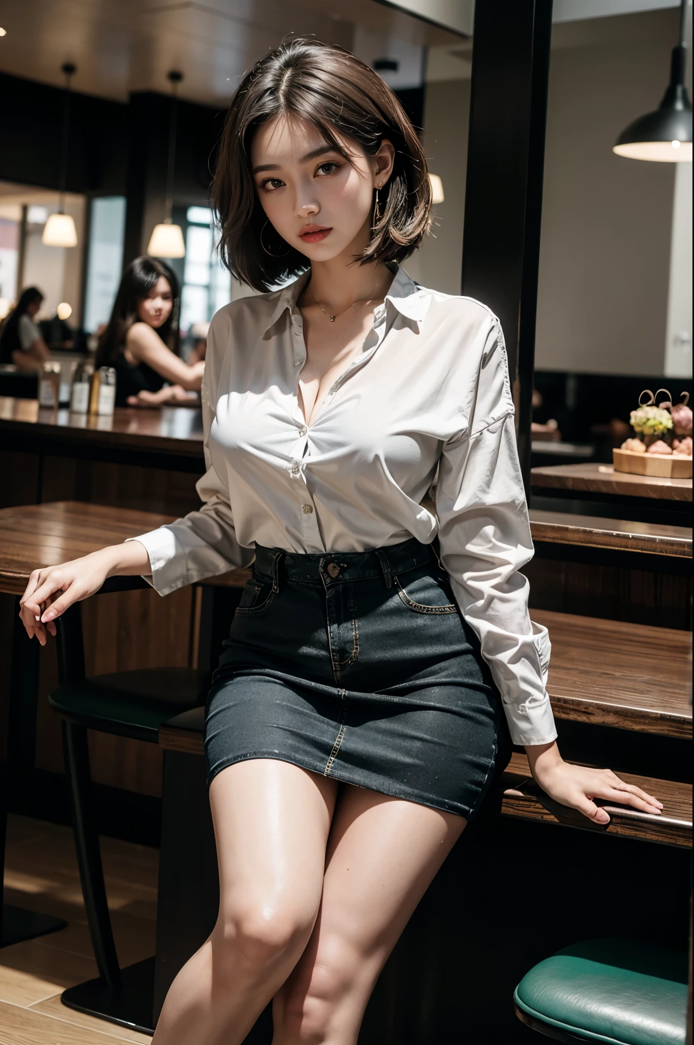 best quality, masterpiece, highres, photorealistic, (high detailed skin:1.2), 8k uhd, dslr, soft lighting, high quality, volumetric lighting, full body Photograph, high resolution, 4k, 8k, Bokeh, 16 years old girl, petite curvy body, big breast, perfect body proportions, detailed green eyes, detailed skin, seductive smile, full body, photo from below, verry short skirt, modern shirt and accessories, modern shoes, modern hairstyle, sitting in a cafe in the MALL