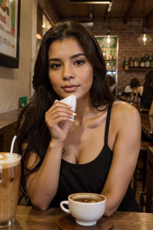 female latina beatiful 30 year old drinking coffee at a mexican cafe