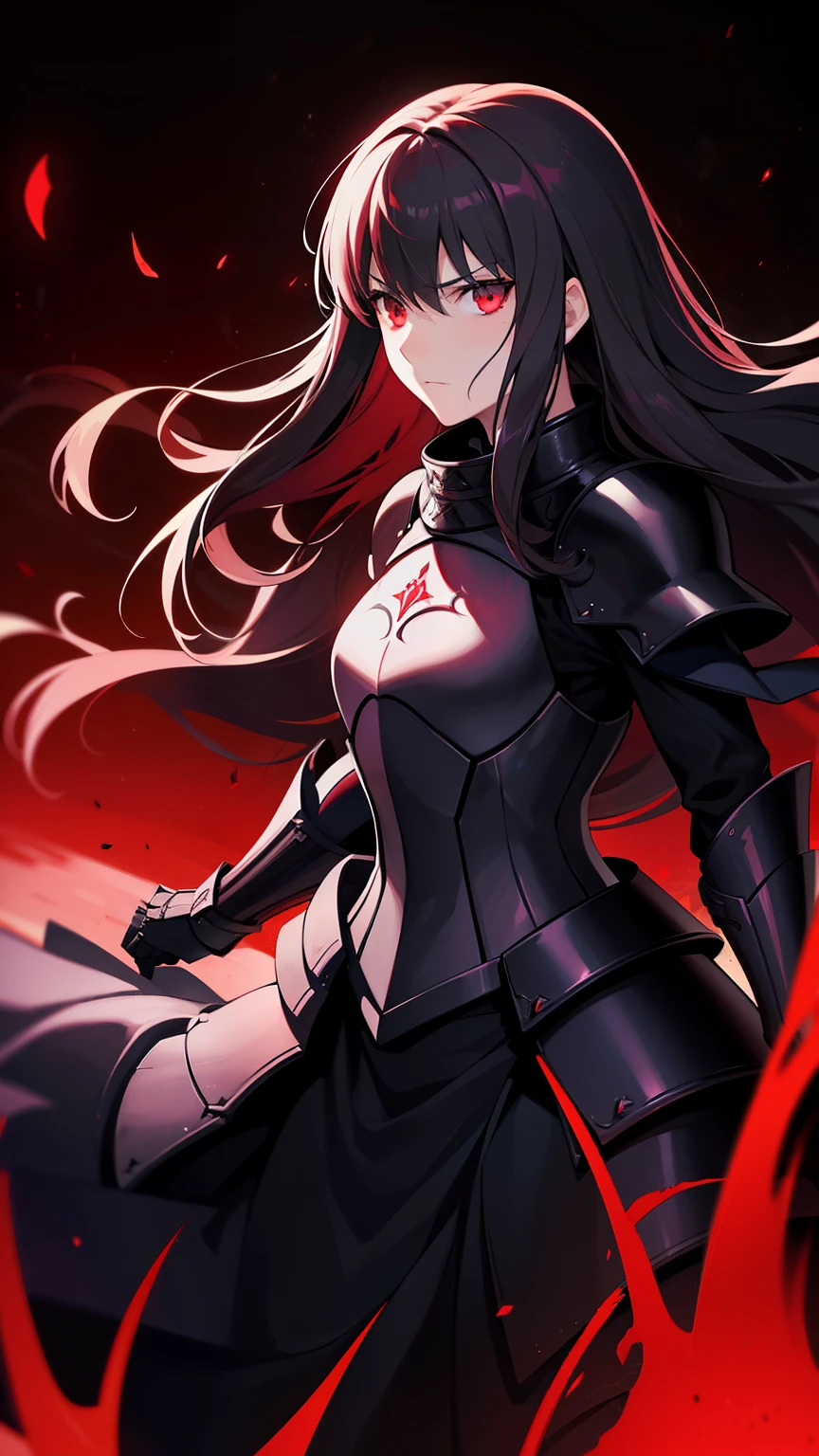 (high-quality, breathtaking),(expressive eyes, perfect face) 1female, girl , solo, young adult, long hair length, wavy curly hair, soft wave, black hair color, red highlights in hair, deep red eye color, background, music, serious expression, haunting red background, armor, onyx black armor with red trim, midnight dark armor with red cracks engraved in the exterior, saber alter, alter saber fate stay night, corrupted theme, corrupted armor, red lines on armor, conquerer vibe
