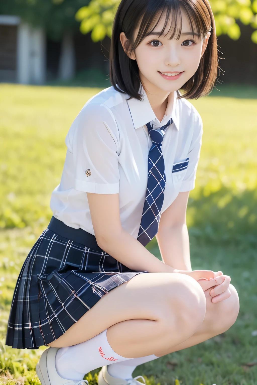 (((masterpiece))), (((full body photo)))， (one beautiful japanese girl, classmate, innocence，cute) ，ultra high resolution, realistic, Super detailed, 8K,highest quality, very detailed, blurred background,thin,very beautiful japanese girl, detailed face:1.3), (boyish short hair，black haired :1.4), (baby face，cute系,adorable 14 year old girl), (perfect body:1.1),  (blue shirt，blue check tie，blue plaid miniskirt、Navy Socks), Long corridor，smile,show me your beautiful teeth,((Pay attention to the crotch，the skirt is rolled up、I can see your pants，My underwear is transparent))，Please think back、rosy cheeks，超detailed face、detailed lips、fine eyes、small gravure idol，transparent skin、lolita，Japanese high school uniform，realistic:1.37，no makeup，Neutral Lighting，