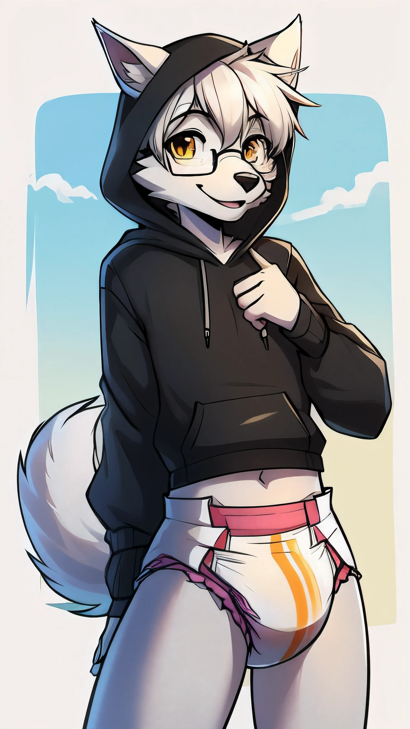 solo, male, arctic wolf, detailed yellow eyes, plain diaper with 4 tapes, happy, slim, sly, male, glasses, tail, hoodie