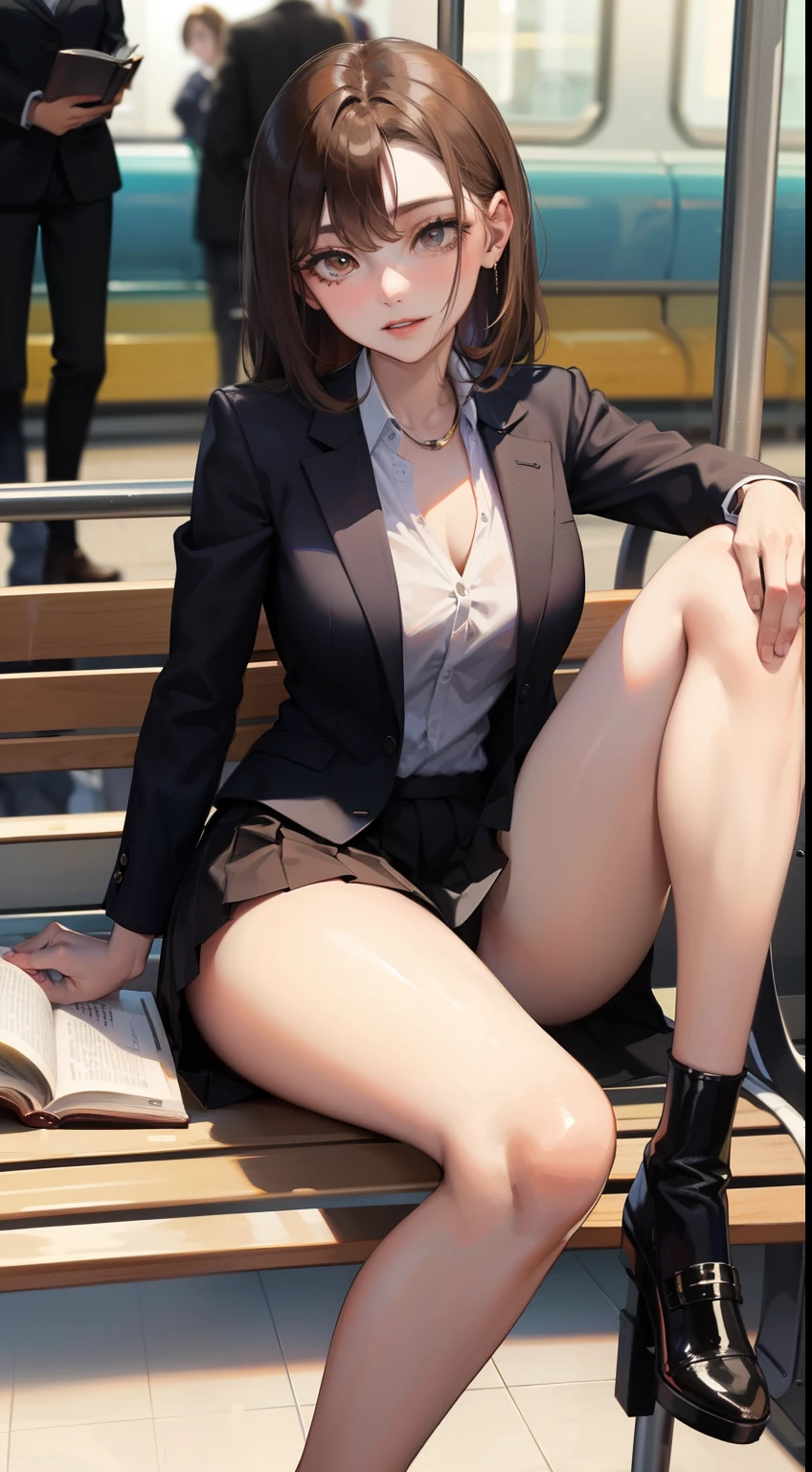 A lovely 35-year-old woman in a business suit and tight skirt is sitting on a horizontal wooden bench at the train station and reading a book. Spread her legs a little and look at her inner thighs from the front.