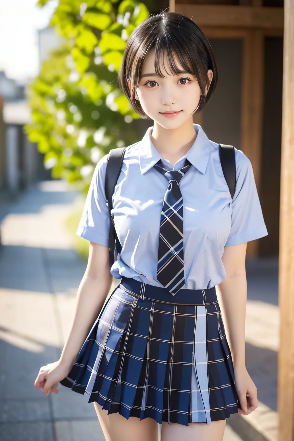 (((masterpiece))), (((full body photo)))， (one beautiful japanese girl, classmate, innocence，cute) ，ultra high resolution, realistic, Super detailed, 8K,highest quality, very detailed, blurred background,thin,very beautiful japanese girl, detailed face:1.3), (boyish short hair，black haired :1.4), (baby face，cute系,adorable 14 year old girl), (perfect body:1.1),  (blue shirt，blue check tie，blue plaid miniskirt、Navy Socks), Long corridor，smile,show me your beautiful teeth,((Pay attention to the crotch，the skirt is rolled up、I can see your pants，My underwear is transparent))，Please think back、rosy cheeks，超detailed face、detailed lips、fine eyes、small gravure idol，transparent skin、lolita，Japanese high school uniform，realistic:1.37，no makeup，Neutral Lighting，