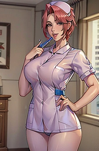 Beautiful female nurse with and a very tight and short nurse uniform, holding a large syringe, red hair, pale skin, hospital,latex uniform ,nurse cap