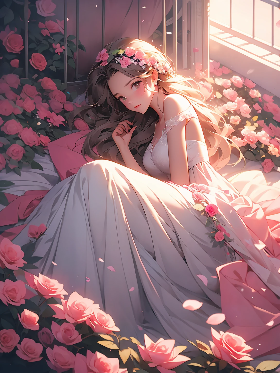 there is a woman laying on a bed of pink roses, laying on roses,  cgsociety, girl in a bed of flowers, woman in flowers, wlop and ross tran, with frozen flowers around her, roses in her hair, made of flowers, wrapped in flowers, beautiful digital artwork, ross tran and wlop, the girl made out of flowers,--ar 9:16 --stylize 950 --v 6.0