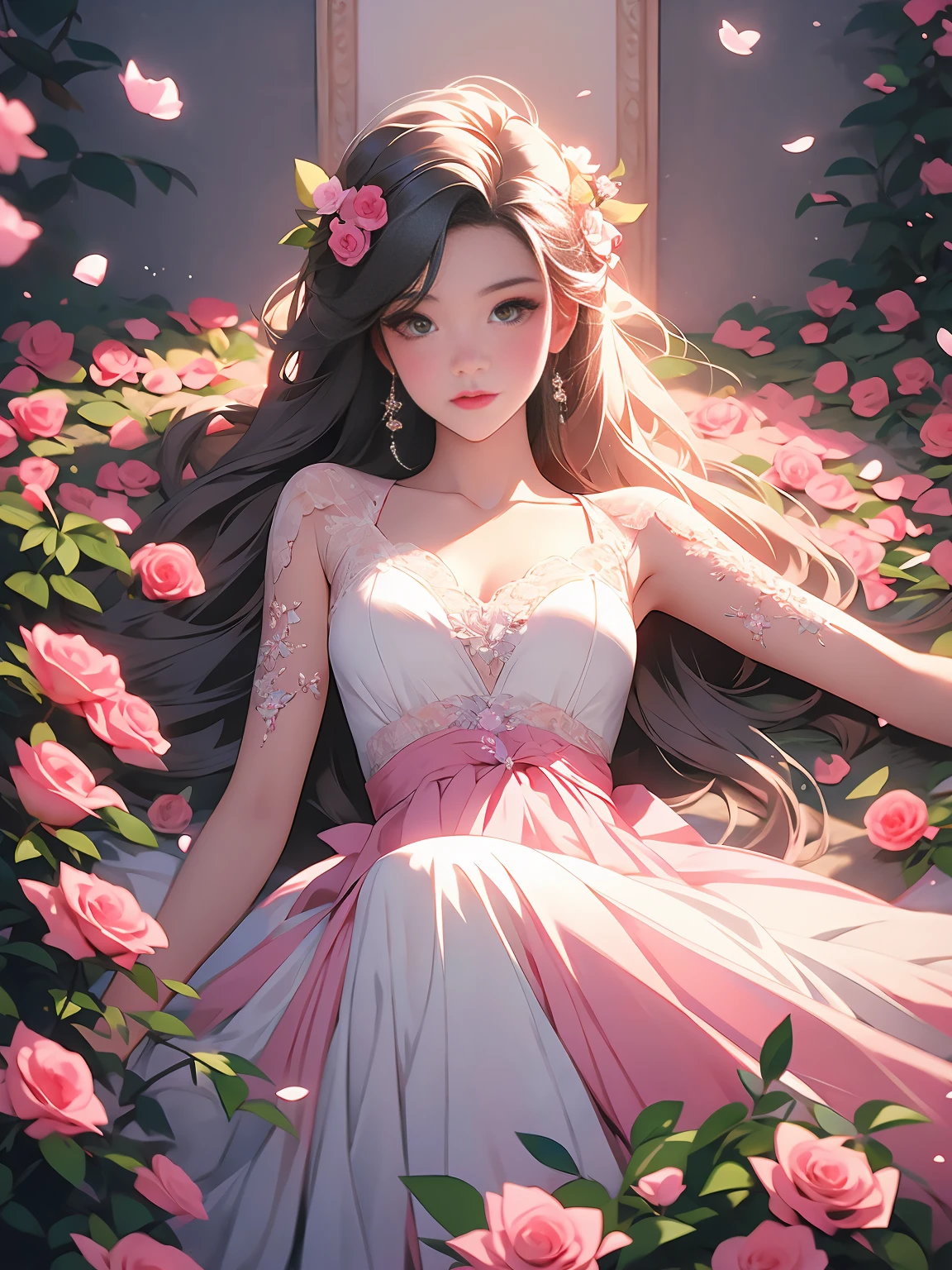 there is a woman laying on a bed of pink roses, laying on roses, cgsociety, girl in a bed of flowers, woman in flowers, wlop and ross tran, with frozen flowers around her, roses in her hair, made of flowers, wrapped in flowers, beautiful digital artwork, ross tran and wlop, the girl made out of flowers,--ar 9:16 --stylize 950 --v 6.0