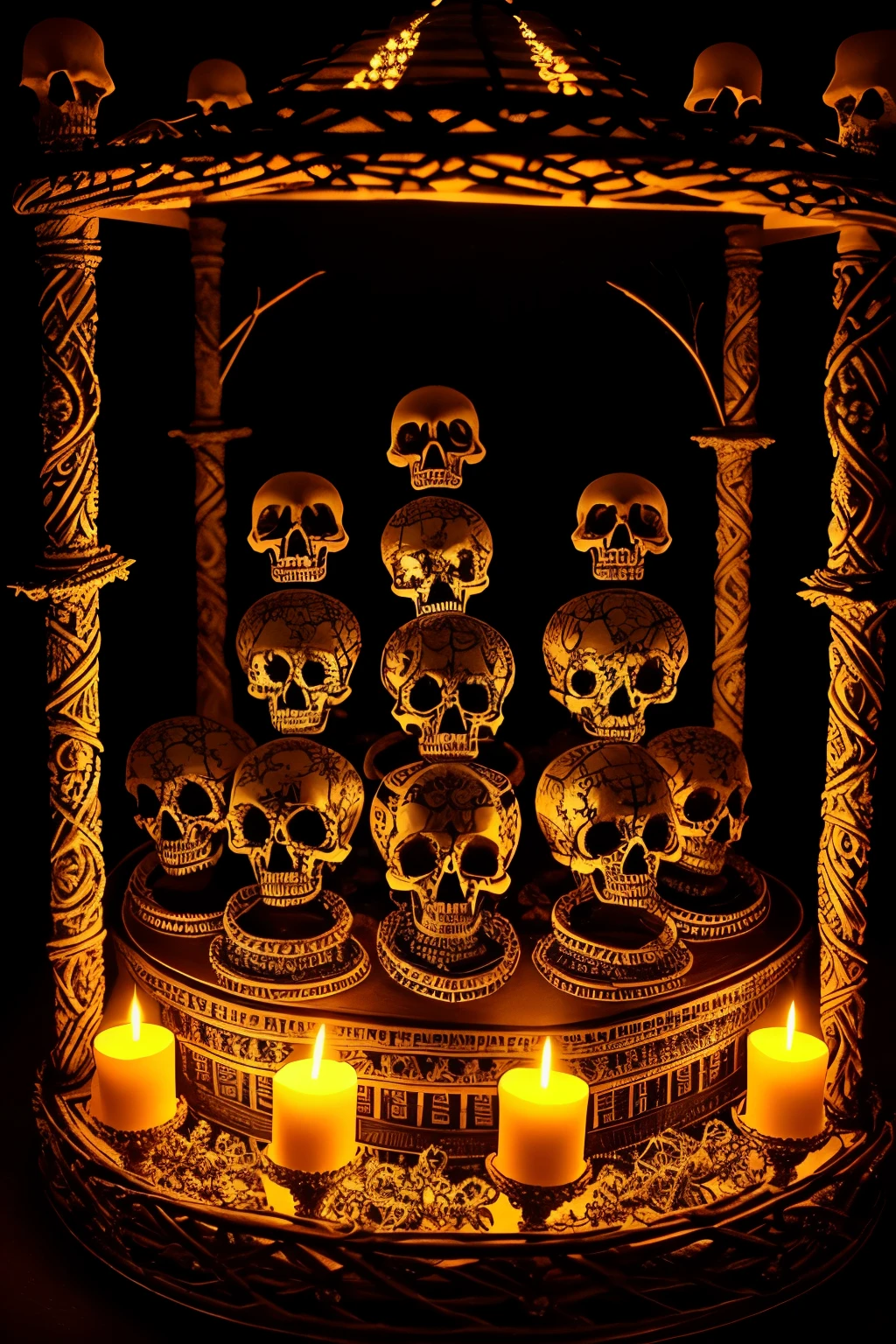 macabre art, intricately crafted ossuary, adorned with crosses of bones, each bone carefully arranged, creating an eerie and intriguing display, HDR, intricately detailed, the bones glowing in the dark, cinematic shot, vignette, centered on a skull, ominous atmosphere, hyperdetailed: 1.3.