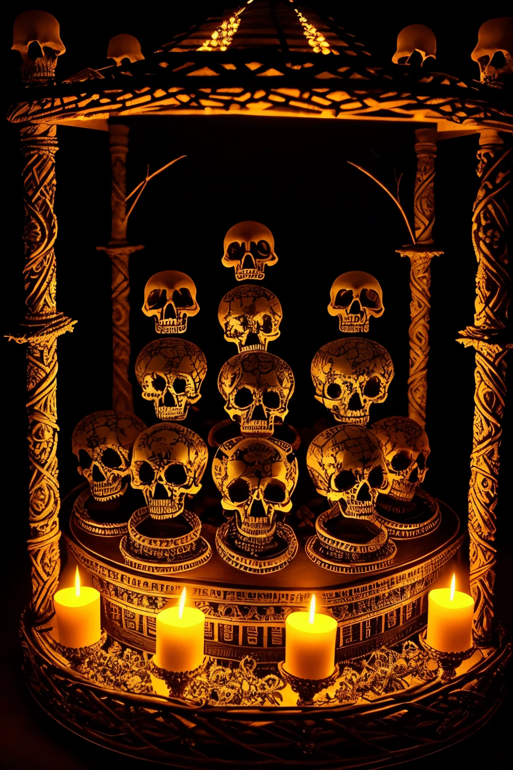 macabre art, intricately crafted ossuary, adorned with crosses of bones, each bone carefully arranged, creating an eerie and intriguing display, HDR, intricately detailed, the bones glowing in the dark, cinematic shot, vignette, centered on a skull, ominous atmosphere, hyperdetailed: 1.3.