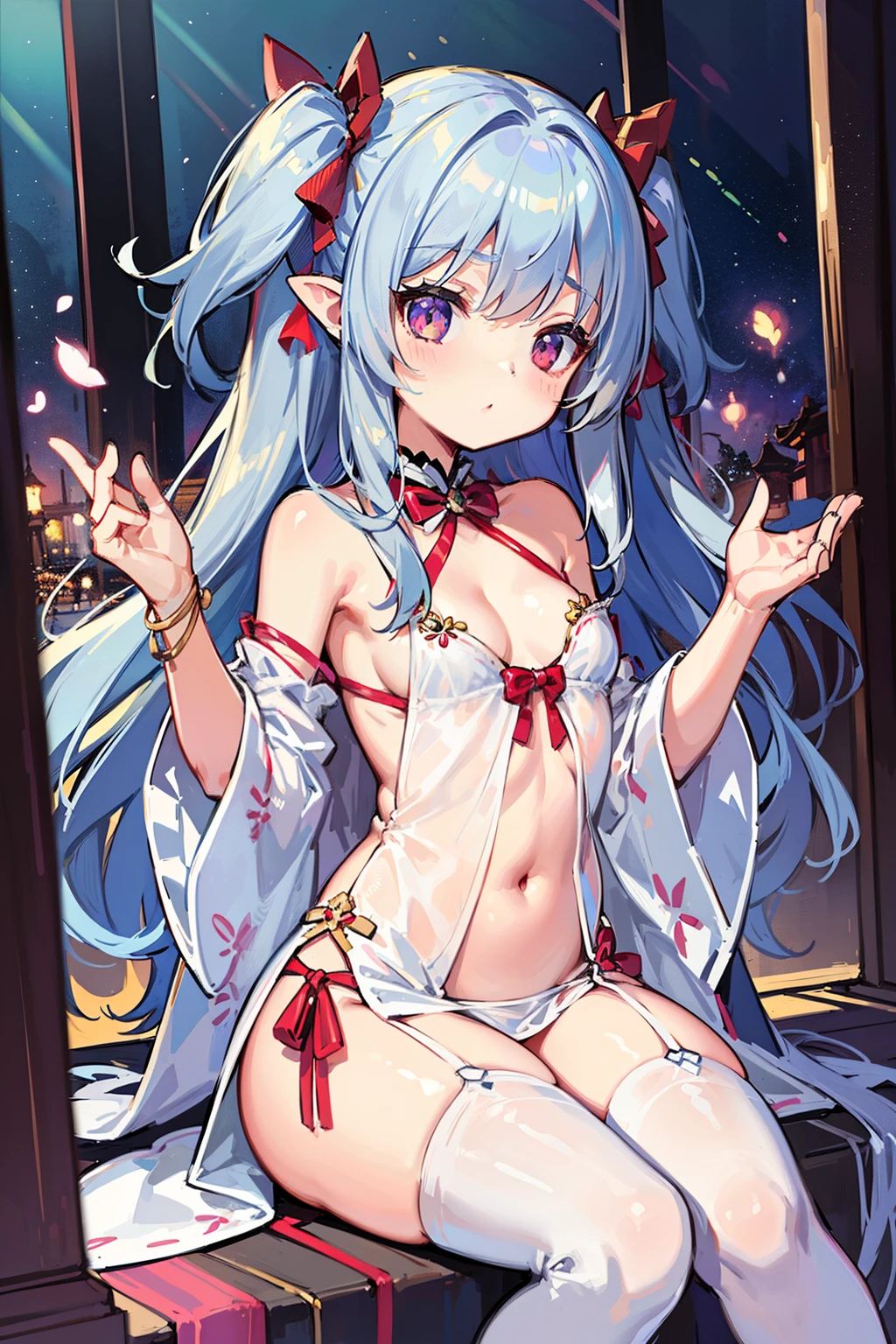 (masterpiece), (highest quality), (ultra detail), official art, one girl, Silver-haired , petite girl, Saint Lolirine maiden, white and gold see-through dress, No sleeve, off shoulder, small, small, small, cleavage, underboob, thigh focus, Navel exposed, Card Illustration, temple
