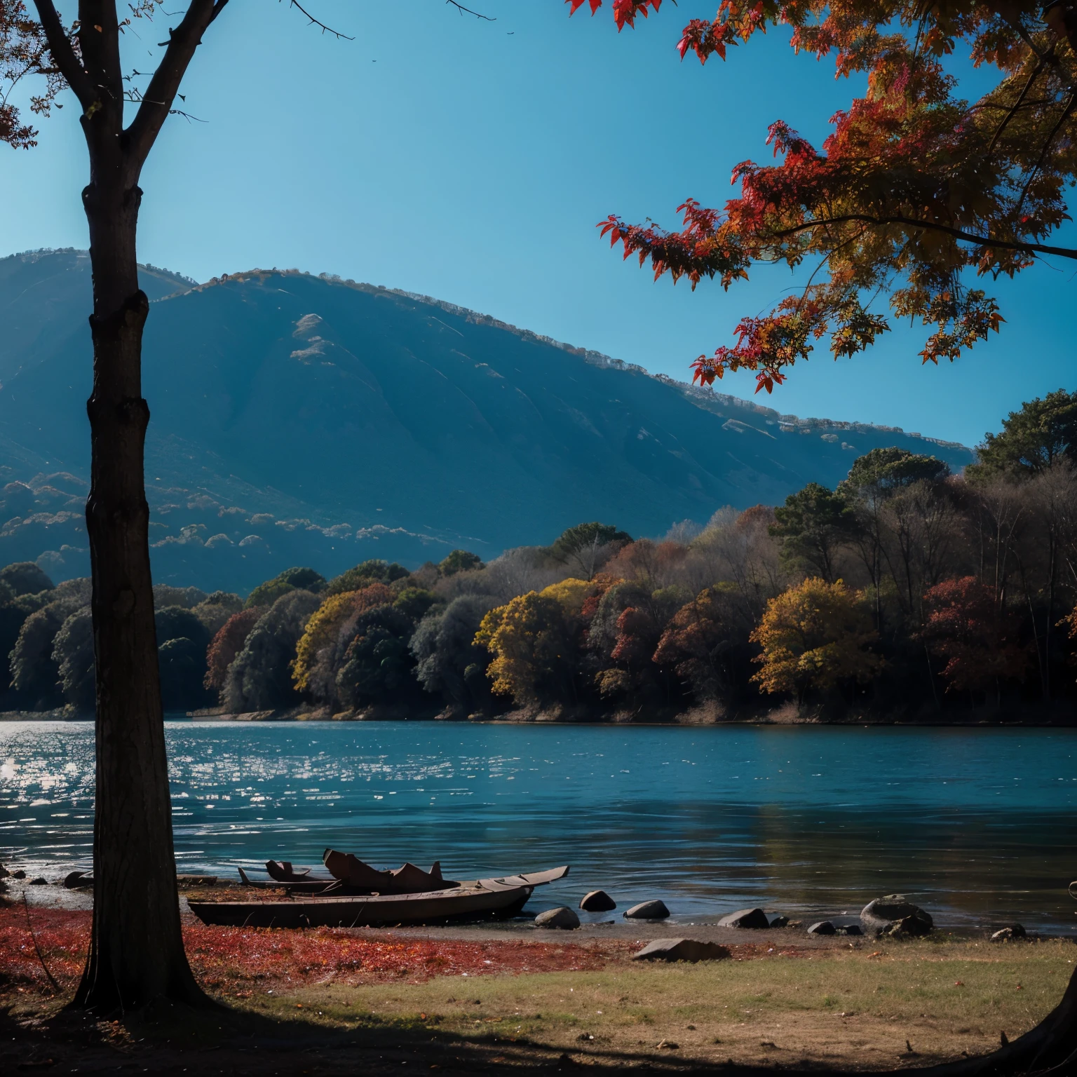 Landscape, dark trees with red leaves, bright blue water, faded colors on everything else. Bats, dark. 
