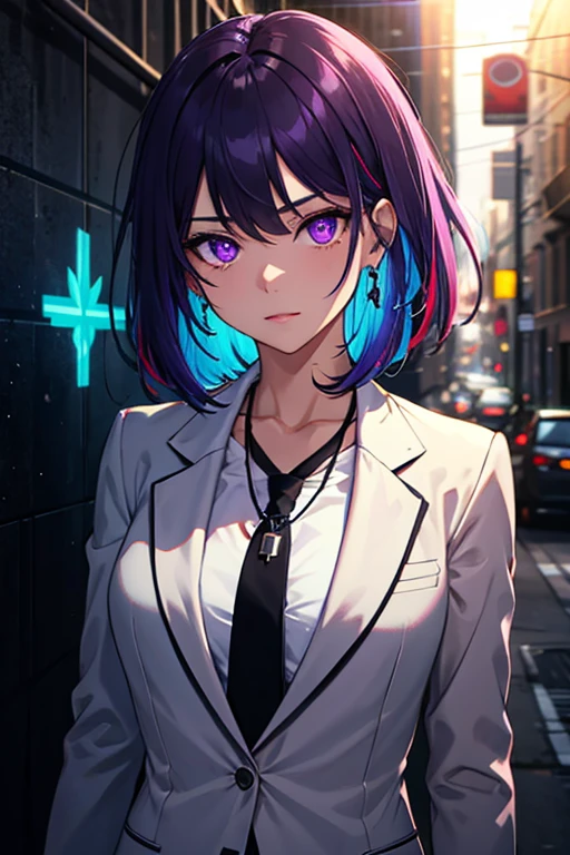 High resolution, highest quality, figure,  Super detailed, (detailed face), (fine eyes), cinematic lighting, highest quality, very detailed, masterpiece, thin line, 1 girl, alone, purple hair, purple eyes, black blazer, white shirt, black tie,  jewelry, necklace, glowing eyes, medium breasts, light, (colorful), Upper body, smug, outdoor, concrete wall, For industrial use