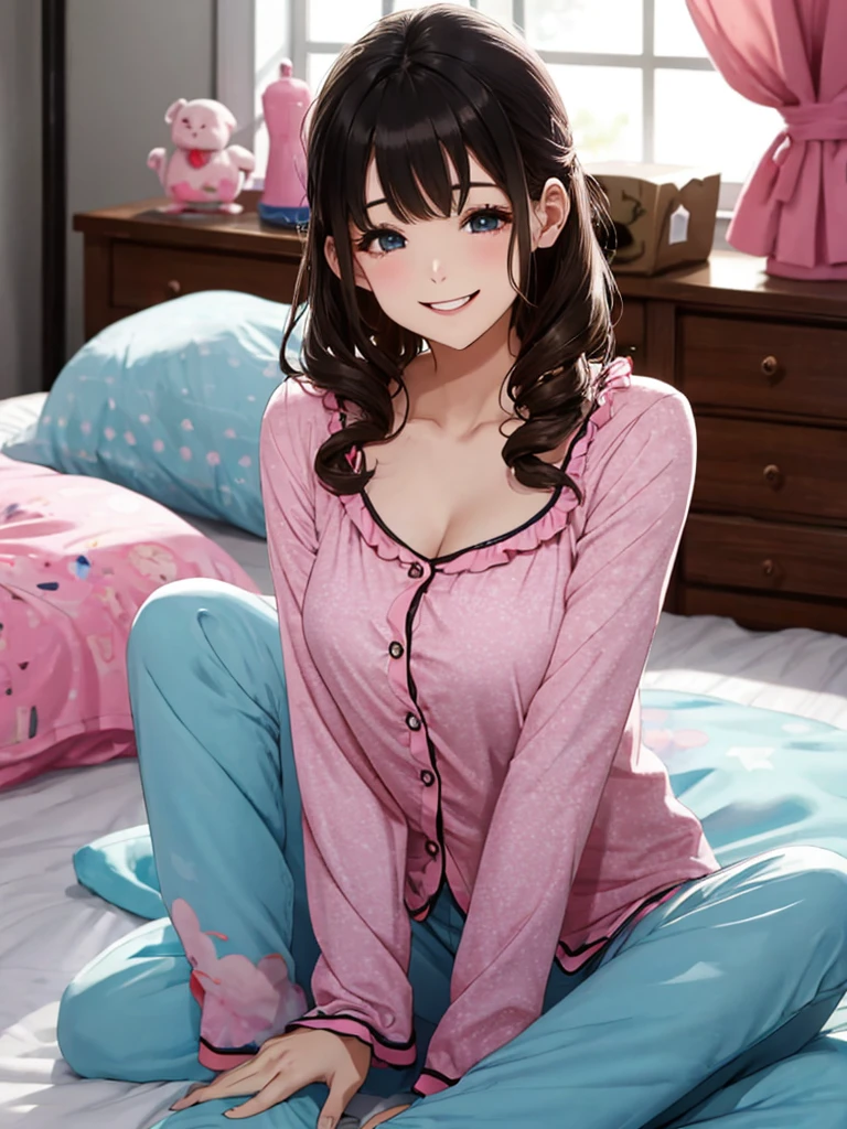 highest quality、High resolution、High definition、Beautiful teenage girl、three women、cute hairstyle,perfect skin,huge breasts、Look at me happily、smiling、laughing、sexual expression、slumber party、友人たちとのslumber partyでは、Soft pajamas and cute bedding、You can enjoy cute items。chatting and games、While enjoying sweets、Show off your feminine cuteness。