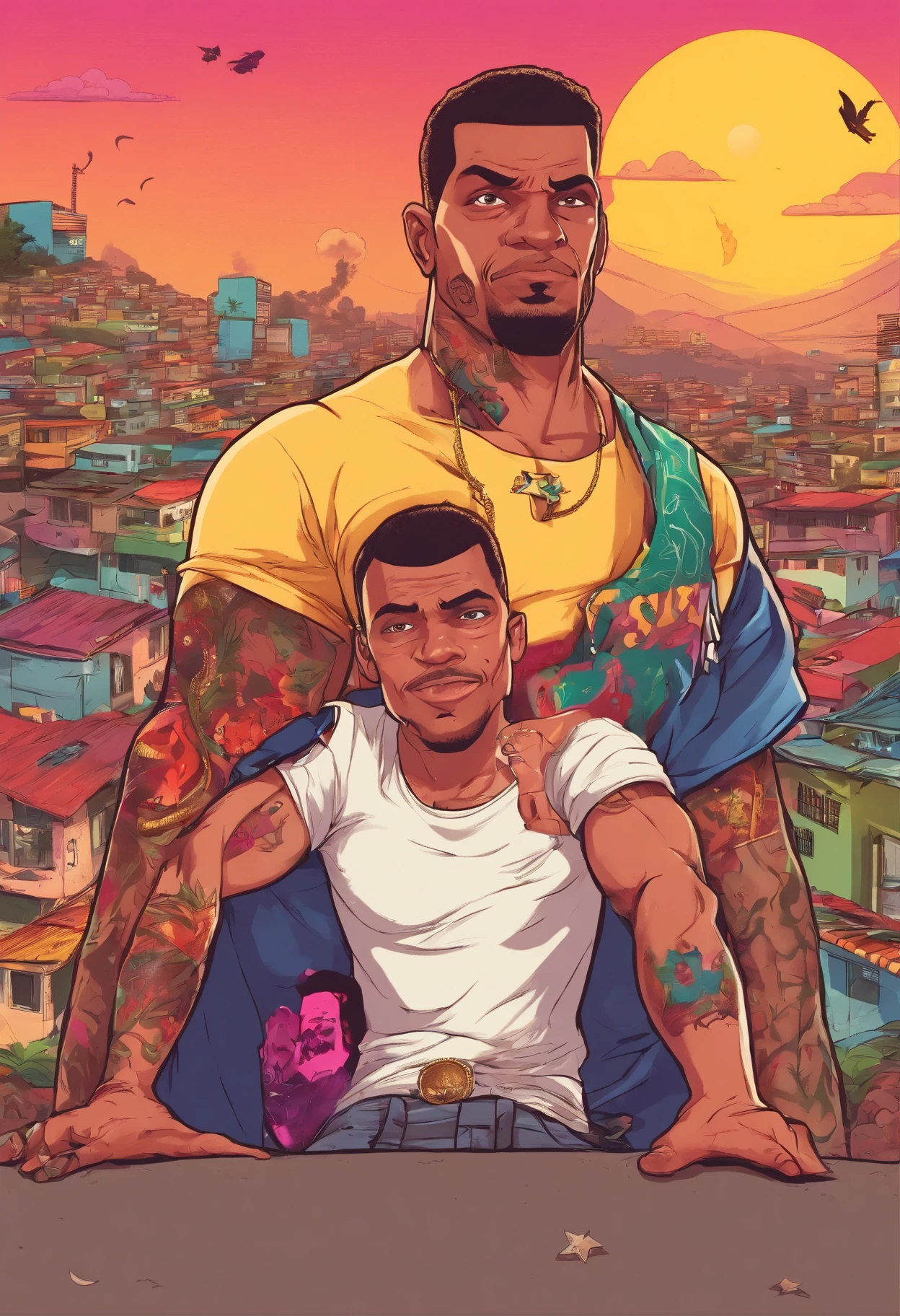 Homen branco, tatuado corpo inteiro, sem camisa, olhando a favela de cima, com a lua e as estrelas, 