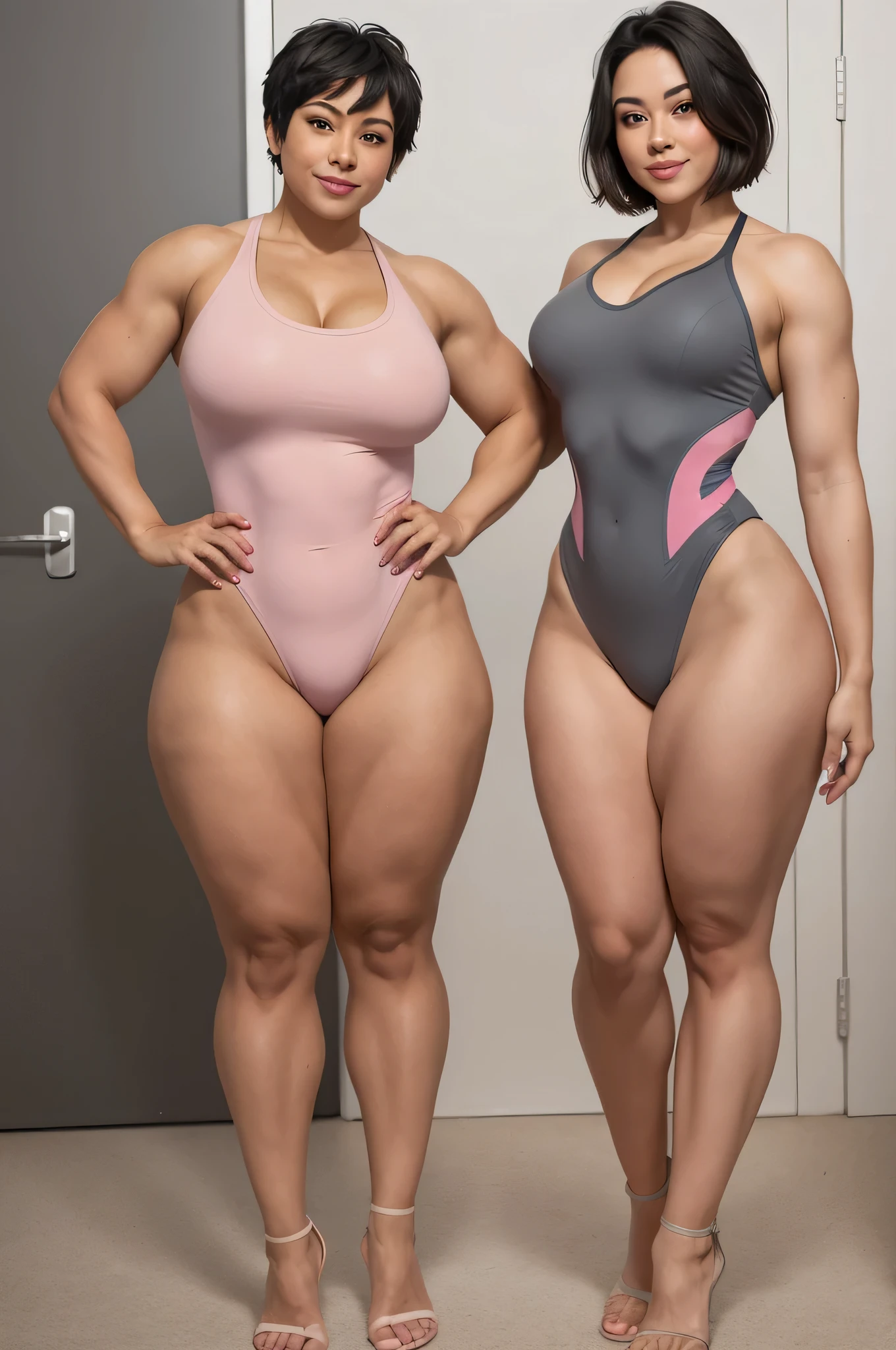 strong fit curvy bodybuilder female with muscular shaped legs, short grey hair, with other female in hi cut pink leotard, standing, full body shot