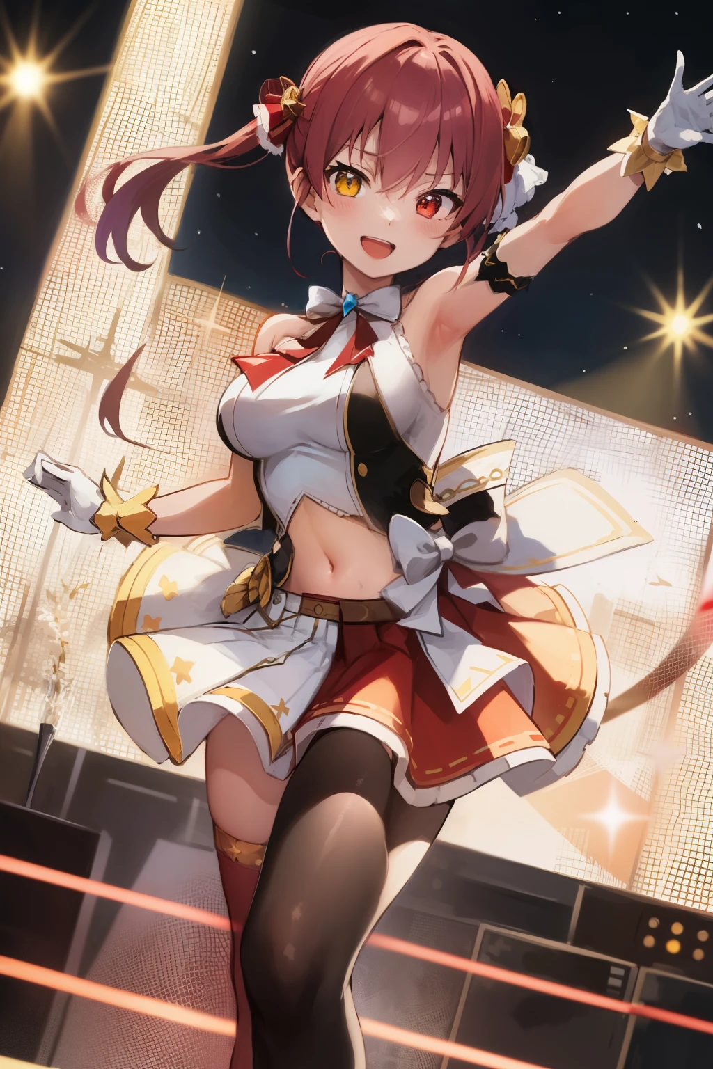 2D, masterpiece, highest quality, anime, very detailed, whole body, 1 girl, alone, Marine_Idol, hololive Idol uniform, white ribbon, white gloves, red ribbon, red bow tie, layered skirt, navel cutout, mismatched legwear, red stockings, black stockings, heterochromia, red eyes, yellow eyes, Break stage, red light, dynamic pose, smile 