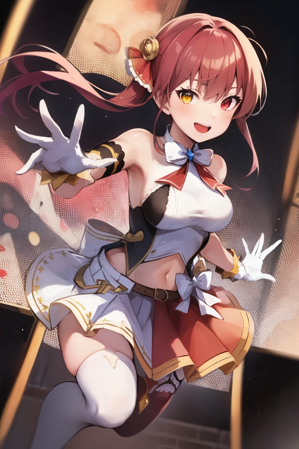 (mae fe, 1girl, solo, blush, smile, open mouth, gloves, twintails, boots, one eye closed, fang, in front of castle, armor, headband, ;d, fire, circlet, breastplate)) she sits holding the phone and  laugh