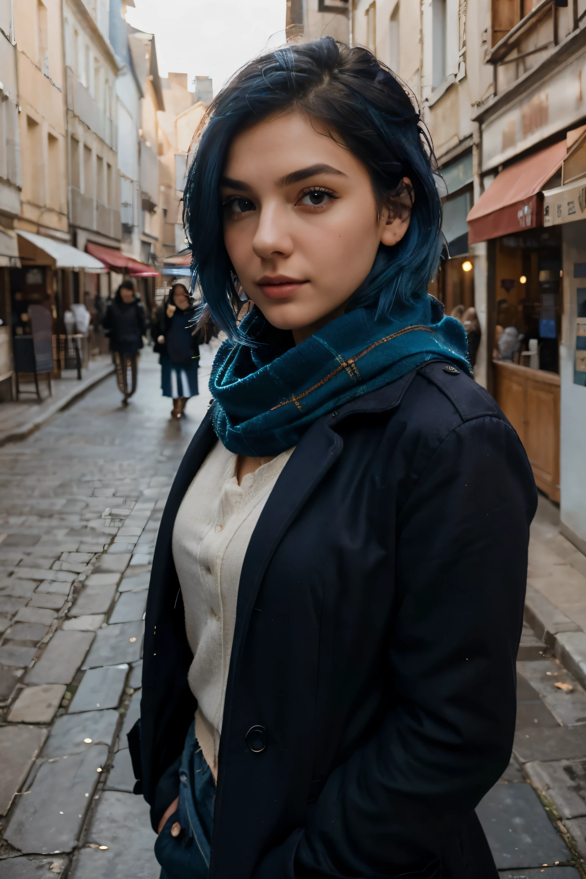 (Garota, modelo, cabelo curto, cabelos completamente azuis, roupa para clima frio, cachecol vermelho, streets of France, foto de viagem, ultra-realista, Pose de selfie),(illustration, high resolution, cores vivas:1.1, detailed Garota's face:1.1),(Lindo, olhos detalhados, Lindo, Detailed lips, long eyelashes),(blurry, Fundo:0.9, busy crowd, encantadora arquitetura francesa),(soft lighting, tons quentes),(retrato, moda)  face of Úrsula Corberó actress